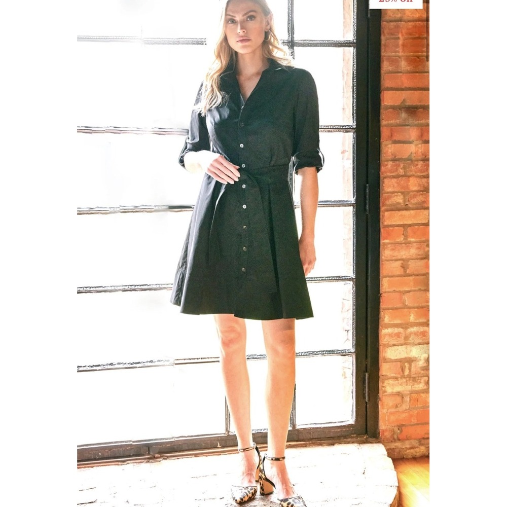 Finley Shirts Short Laine Weathercloth Dress Black Button Front Tie Waist